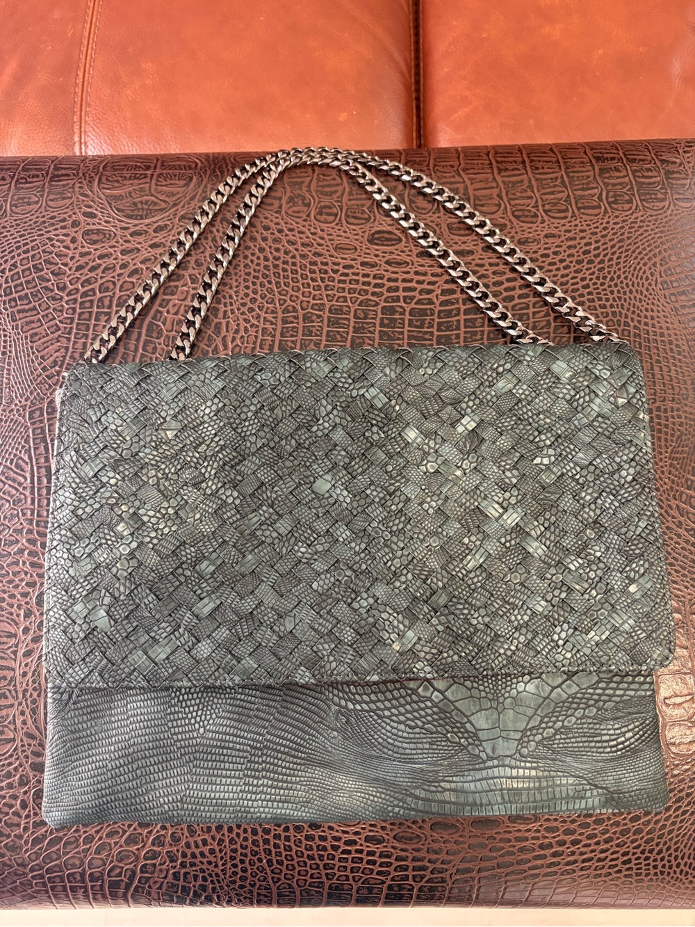 deux lux Embossed Reptile Chain Shoulder Bag | Green Gray Clutch Crossbody